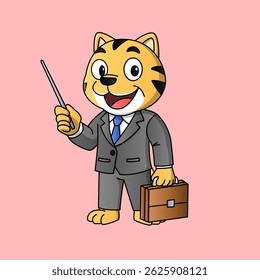 a charming and confident cartoon tiger dressed in a sharp business suit. This professional feline handles daily office tasks with style, from typing on a laptop, attending meetings, drinking coffee
