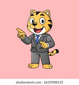 a charming and confident cartoon tiger dressed in a sharp business suit. This professional feline handles daily office tasks with style, from typing on a laptop, attending meetings, drinking coffee