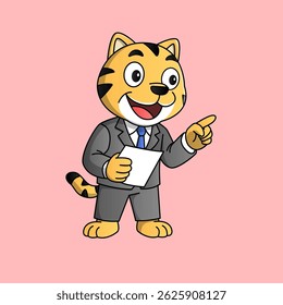 a charming and confident cartoon tiger dressed in a sharp business suit. This professional feline handles daily office tasks with style, from typing on a laptop, attending meetings, drinking coffee