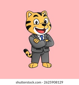 a charming and confident cartoon tiger dressed in a sharp business suit. This professional feline handles daily office tasks with style, from typing on a laptop, attending meetings, drinking coffee