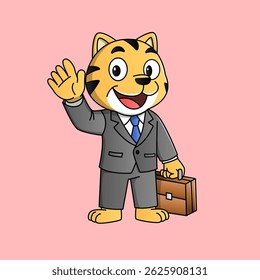 a charming and confident cartoon tiger dressed in a sharp business suit. This professional feline handles daily office tasks with style, from typing on a laptop, attending meetings, drinking coffee