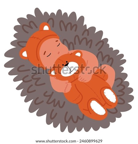 Charming Content Baby Character In A Bear Suit, Embracing A Teddy Bear While Sleeping On A Fluffy Rug, Portraying Comfort, Affection, And A Cozy Naptime Theme. Cartoon People Vector Illustration