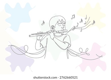 Charming Continuous Line Drawing of a Young Boy Playing the Flute, with Musical Notes and Abstract Shapes, Perfect for Children's Illustrations