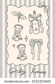 Charming coquette Christmas card with holiday themed elements. Glasses and wine bottle adorned with bows. Whimsical, festive, girly aesthetic design, perfect for Christmas. Soft blue striped frame