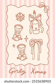 Charming coquette Christmas card with holiday themed elements. Glasses and wine bottle adorned with bows. Whimsical, festive, girly aesthetic design, perfect for Christmas. Soft pink striped frame