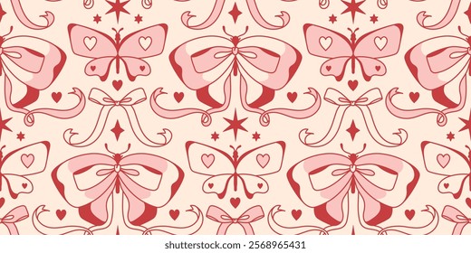 Charming coquettish seamless background. Bohemian pink butterflies, moths, adorable bows, and decorative ribbons. Romantic wonderland. Vintage spring aesthetic. Feminine vibe