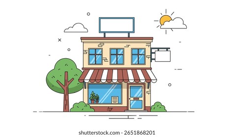 Loja de canto encantador com toldo e céu ensolarado no estilo de ilustração moderno