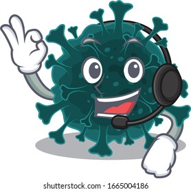 Charming coronavirus COVID 19 cartoon character design wearing headphone