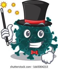 Charming coronavirus COVID 19 cartoon design performance as a Magician style