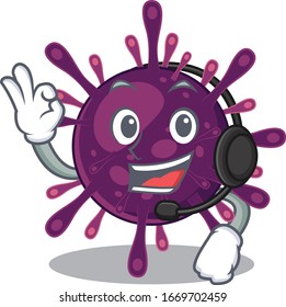 Charming coronavirus kidney failure cartoon character design wearing headphone