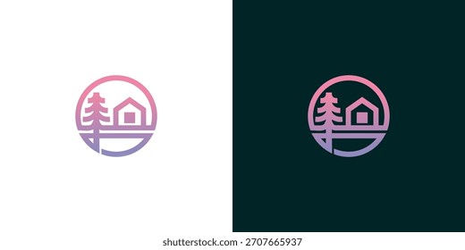 Encantadora cabaña y árbol perenne diseño de logotipo con delicado gradiente	