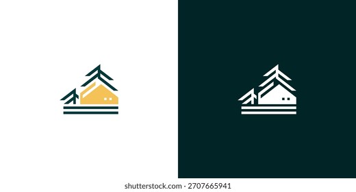 Encantadora cabaña y árbol perenne diseño de logotipo con delicado gradiente	