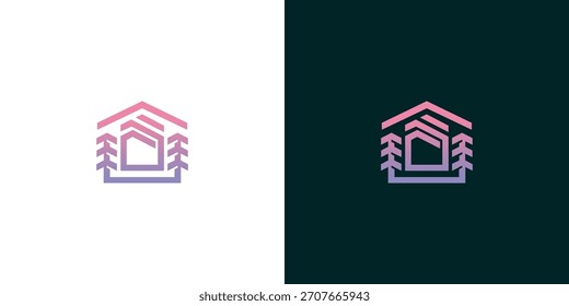 Encantadora cabaña y árbol perenne diseño de logotipo con delicado gradiente	