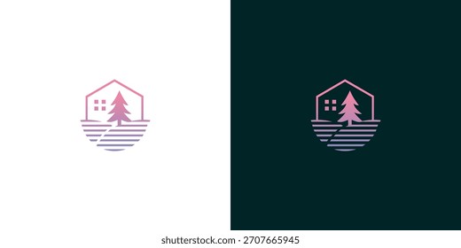 Charming Cottage and Evergreen Tree Outline Logo Design with Delicate Gradient	