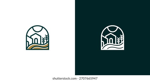 Encantadora cabaña y árbol perenne diseño de logotipo con delicado gradiente	