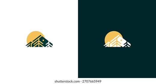 Encantadora cabaña y árbol perenne diseño de logotipo con delicado gradiente	