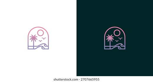 Encantadora cabaña y árbol perenne diseño de logotipo con delicado gradiente	