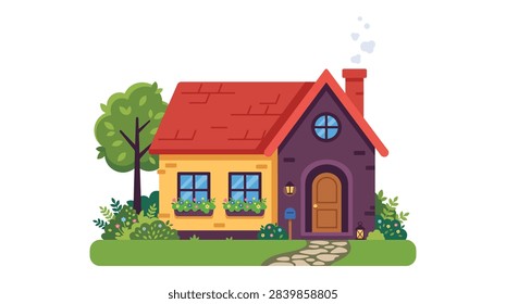 Charming Cottage House with Flower Boxes Garden and Stone Pathway Vector Illustration