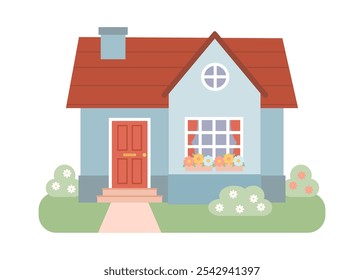 Charming cottage house illustration with red roof, flower garden, and greenery, ideal for cozy home themes, countryside designs, and quaint rural landscapes.