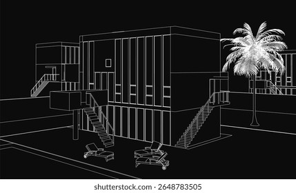 A charming cottage with a palm tree stands against a dark background in this black and white drawing. The house features prominent stairs leading to its entrance, creating a striking contrast.