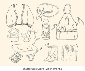 Charming cottagecore garden set illustration featuring vintage tools, florals, and rustic textures—perfect for cozy lifestyle themes, botanical prints, and countryside-inspired designs.