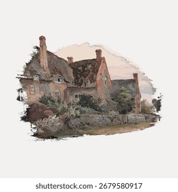 Encantadora ilustración de la cabaña del campo. Casa rústica con paredes de piedra y techo de paja. Sereno entorno de la cabaña con exuberante vegetación. Escena idílica de la cabaña. Vector de ilustración de la casa de Antiguas.