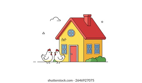 Charming Countryside Cottage with Two Friendly Chickens Enjoying a Sunny Day Outdoors