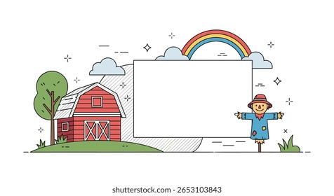 Charming Countryside Scene Featuring a Rustic Barn a Friendly Scarecrow and a Vibrant Rainbow Adorning the Sky