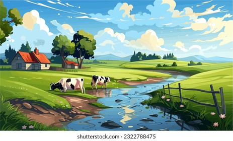 A charming countryside with a winding river, grazing cows, and a quaint farmhouse