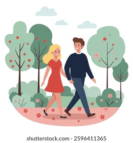 Charming couple enjoying a romantic stroll through a scenic park with lush green trees and pink flowers in the background representing love relationships and sweet moments in nature during spring
