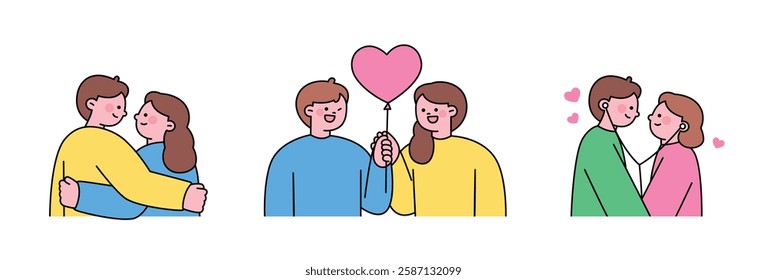 Charming couple illustration set featuring affectionate moments. Includes a couple hugging, holding a heart-shaped balloon, and sharing earphones. 