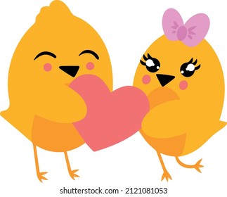 Charming couple of yellow chickens giving heart. Valentines Day. Vector illustration isolated on white background. Image intended for printing and use in design of clothing menu sites banners in