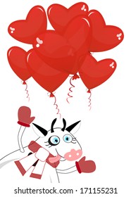  Charming cow and balloons in the shape of a heart on a white background. Vector EPS10.