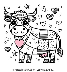 Charming cow illustration in doodle patchwork style featuring hearts and stars for fun coloring activity