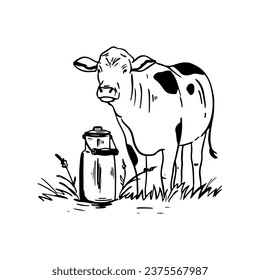 Charming Cow and Milk Can Outline Illustration. Delightful cow and a classic milk can, evoking the rustic charm of rural life