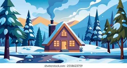 A charming, cozy cabin nestled in a snowy mountain landscape. The cabin is adorned with a chimney that emits a plume of smoke, suggesting warmth and comfort within.  The scene is idyllic.