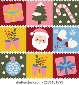 Charming cozy Christmas seamless pattern featuring cute pink Santa, snowflakes, gift box, decorative holiday designs. greeting cards, wallpapers, and festive backgrounds, joyful winter season spirit