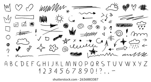 Charmosas letras inglesas puxadas por giz de cera complementadas por desenhos de sublinhado extravagantes.