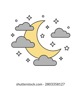 Charming crescent moon amongst fluffy clouds and twinkling stars gentle night sky illustration vector