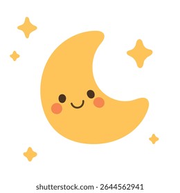Charming crescent moon with a smiling face and glowing stars, perfect for bedtime stories, sleep-themed nursery art, or lunar night sky illustrations.