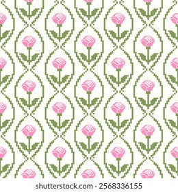 Charming Cross-Stitch Pink Roses Pattern, Pixel Floral Design