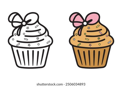 Charming Cupcake Coloring Page with Ribbon for Kids - Delicious Cupcake Coloring Book for Adults and Teens