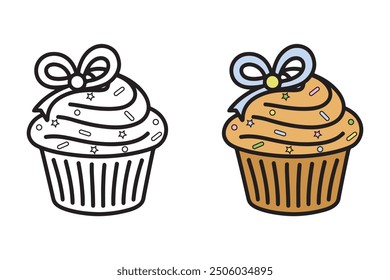 Charming Cupcake Coloring Page with Ribbon for Kids - Delicious Cupcake Coloring Book for Adults and Teens