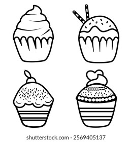 Charming cupcake line illustrations featuring four distinct designs, perfect for enhancing your business products like packaging, branding, and promotional materials