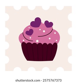 A charming cupcake with pink frosting, heart-shaped decorations, and white polka dots on a beige background. Perfect for Valentine’s Day, romantic designs, bakery promotions, and festive celebrations