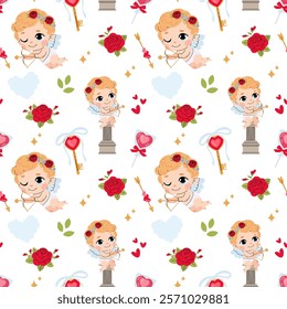 Charming Cupid with bow and arrow, rose, golden key and lollipop. Valentine's Day seamless pattern for textile, wrapping paper, background.