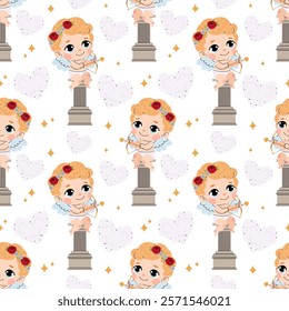 Charming Cupid with bow and arrow sits on a column. Valentine's Day seamless pattern for textile, wrapping paper, background.