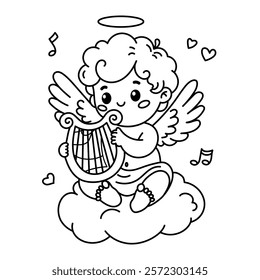 Charming Cupid vector illustration playing a harp. Perfect for Valentine's Day and coloring activities