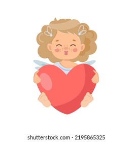 A charming curly-haired cupid girl (angel) is sitting with a huge red heart in her hands. Cute little blonde with wings. Cupid, Angel. Children's angelic character for Valentine's Day. Vector 