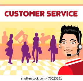 Charming customer service representative with headset on,  group of customers. operator talking on headset, smiling
